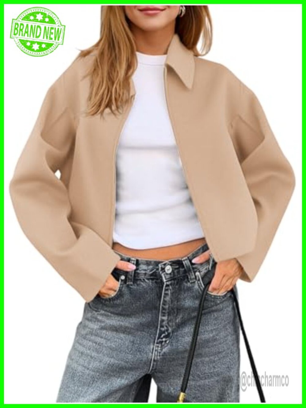 Womens Cropped Pea Coat Zip Up Short Bomber Wool Blend Jacket with Pockets